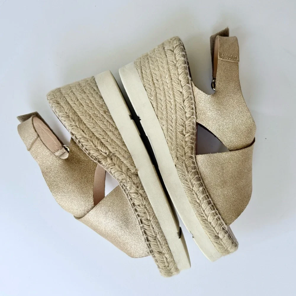 Kanna Gold Metallic Nubuck Suede Crossover Platform Wedge Espadrille Sandal 8
